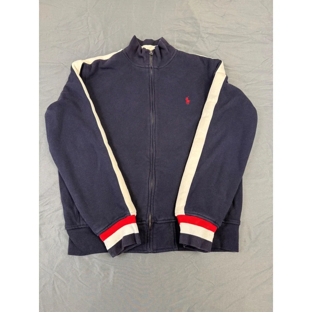 Vintage Y2K Polo Ralph Lauren Mens Navy Blue Waffle Full Zip Track Jacket Size L